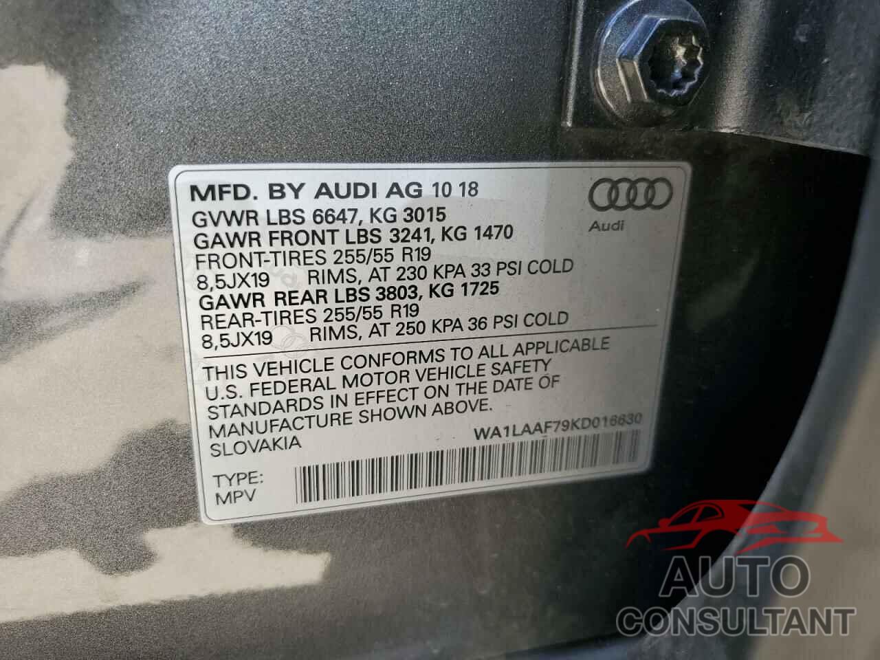 AUDI Q7 2019 - WA1LAAF79KD016630