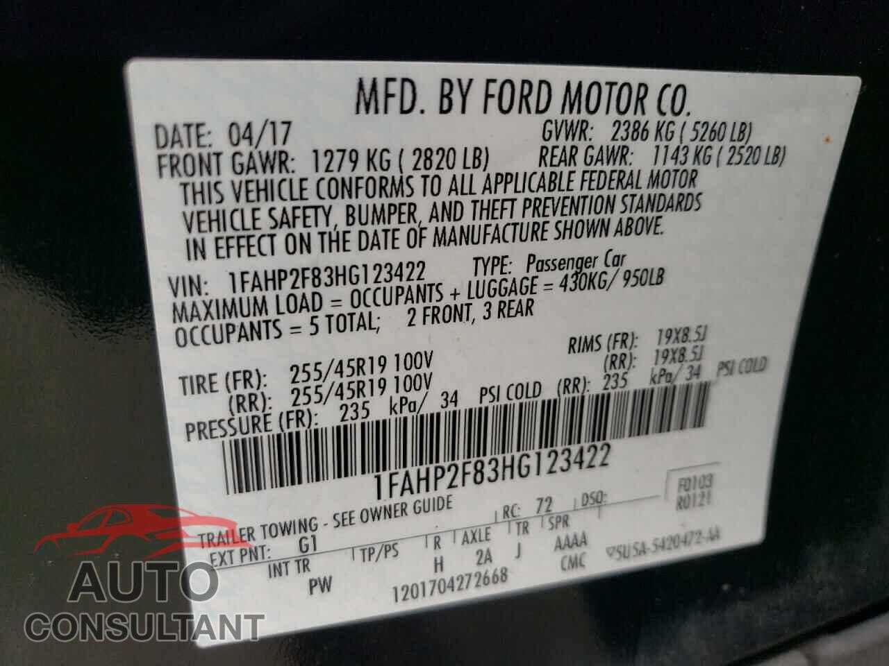 FORD TAURUS 2017 - 1FAHP2F83HG123422