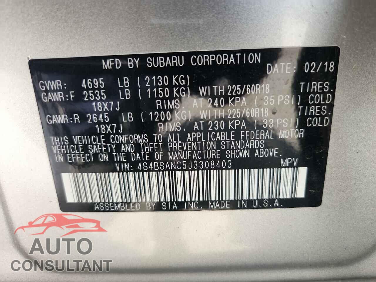 SUBARU OUTBACK 2018 - 4S4BSANC5J3308403