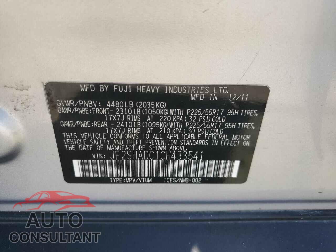 SUBARU FORESTER 2012 - JF2SHADC1CH433541