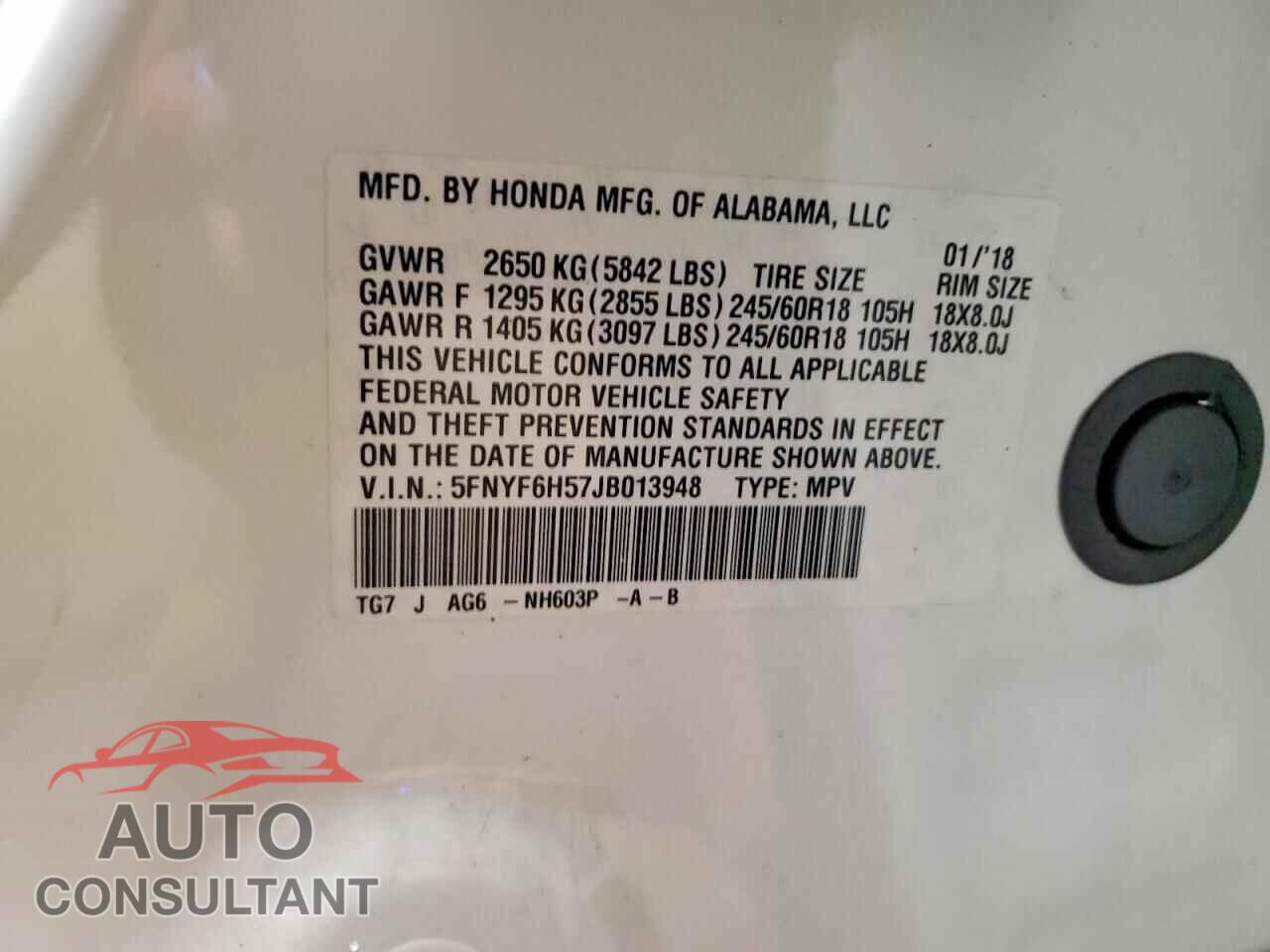 HONDA PILOT 2018 - 5FNYF6H57JB013948