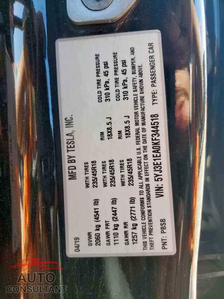 TESLA MODEL 3 2019 - 5YJ3E1EA0KF344518
