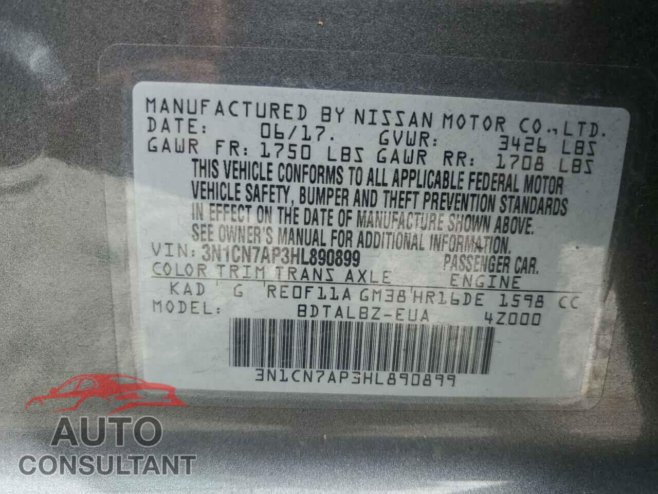 NISSAN VERSA 2017 - 3N1CN7AP3HL890899
