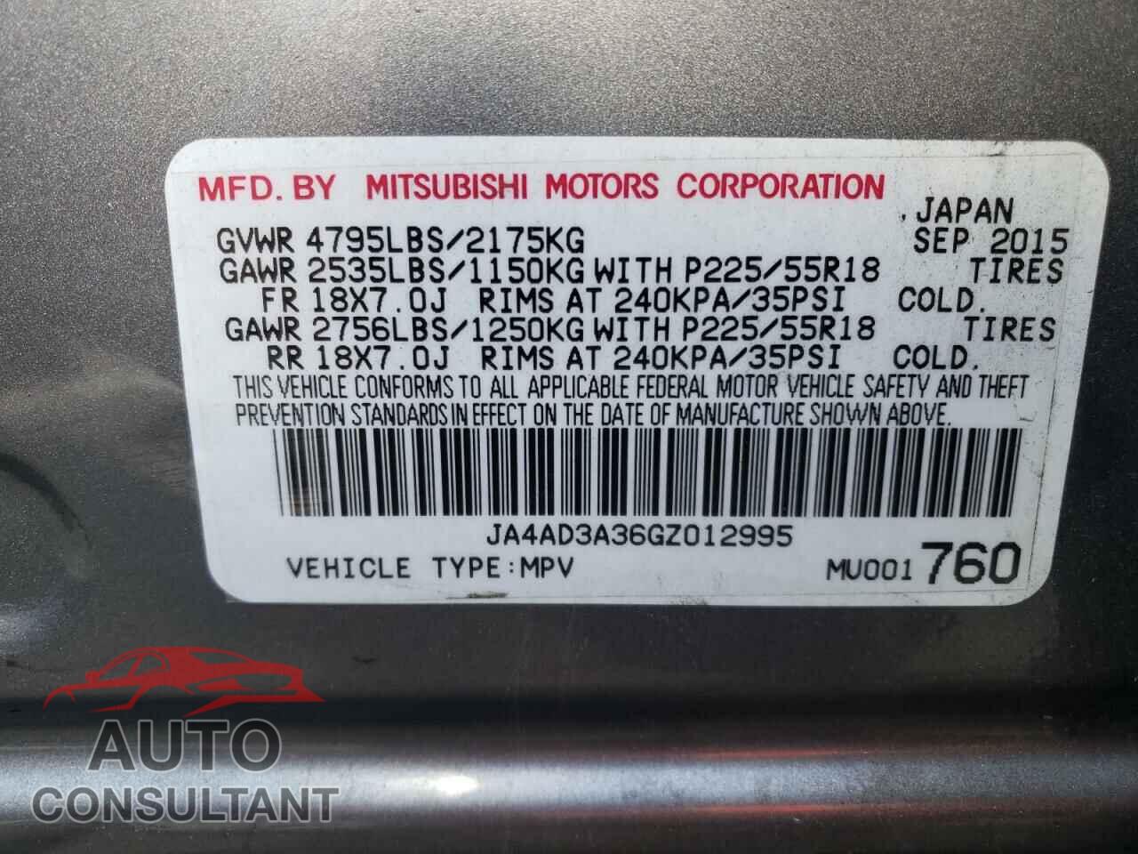 MITSUBISHI OUTLANDER 2016 - JA4AD3A36GZ012995