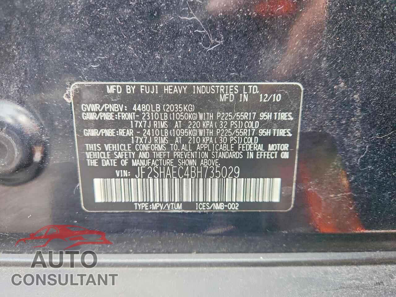 SUBARU FORESTER 2011 - JF2SHAEC4BH735029