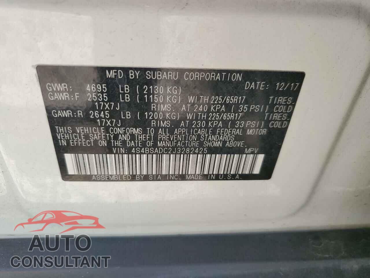 SUBARU OUTBACK 2018 - 4S4BSADC2J3282425