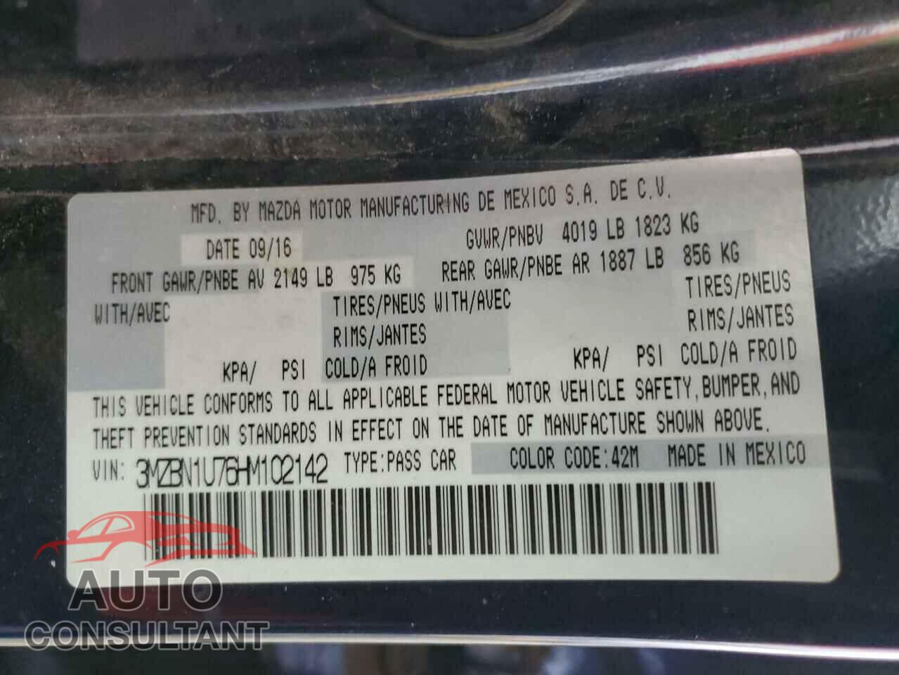 MAZDA 3 2017 - 3MZBN1U76HM102142