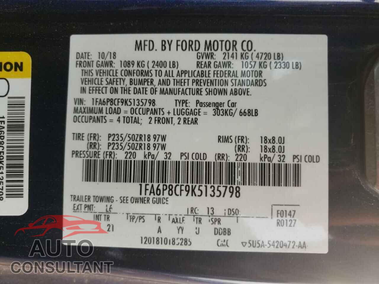 FORD MUSTANG 2019 - 1FA6P8CF9K5135798