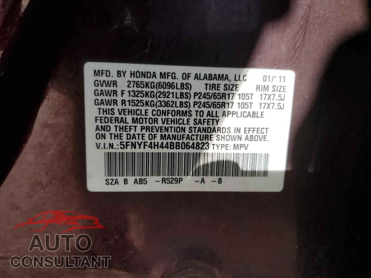 HONDA PILOT 2011 - 5FNYF4H44BB064823