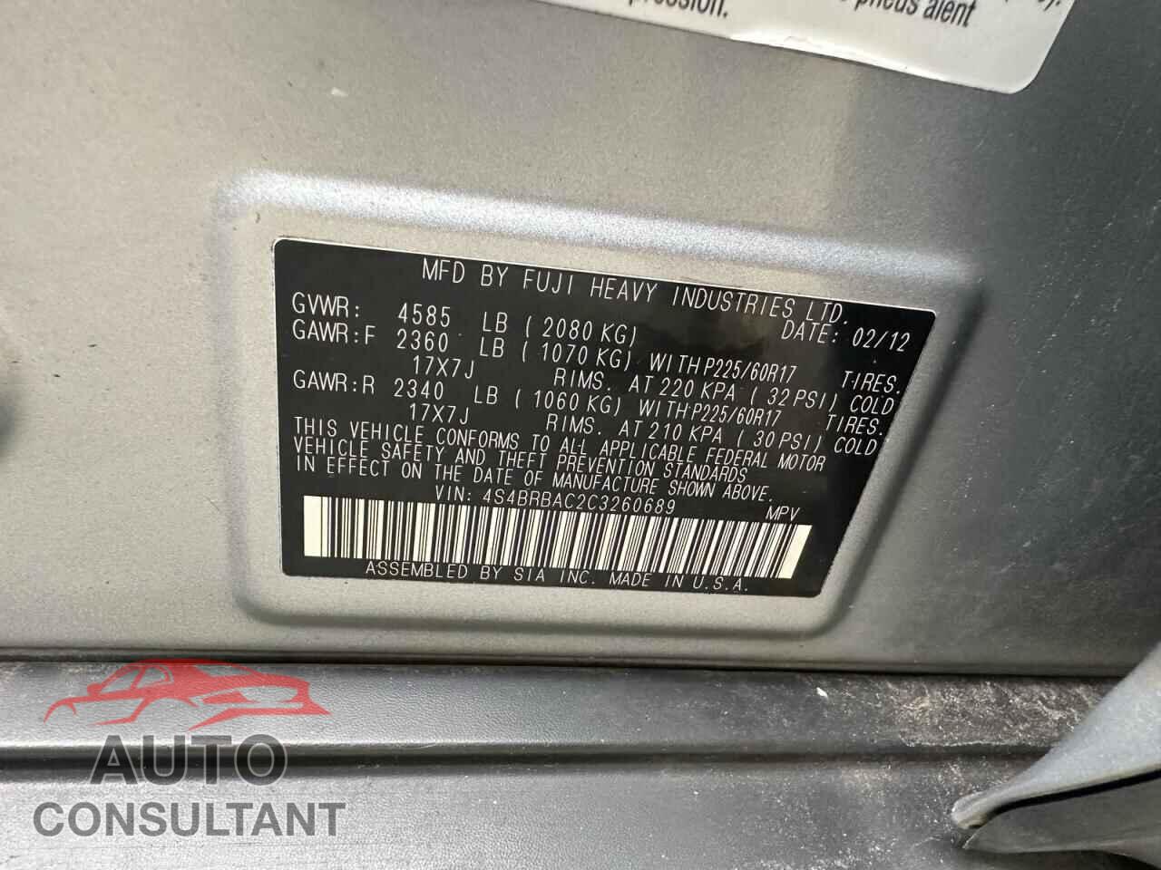 SUBARU OUTBACK 2012 - 4S4BRBAC2C3260689