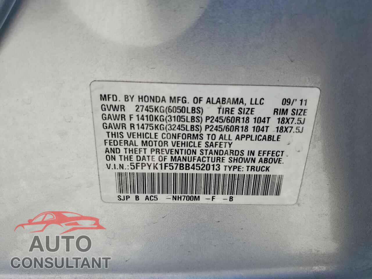 HONDA RIDGELINE 2011 - 5FPYK1F57BB452013