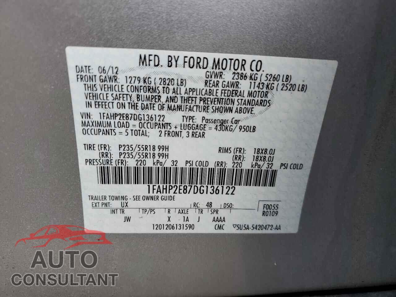 FORD TAURUS 2013 - 1FAHP2E87DG136122