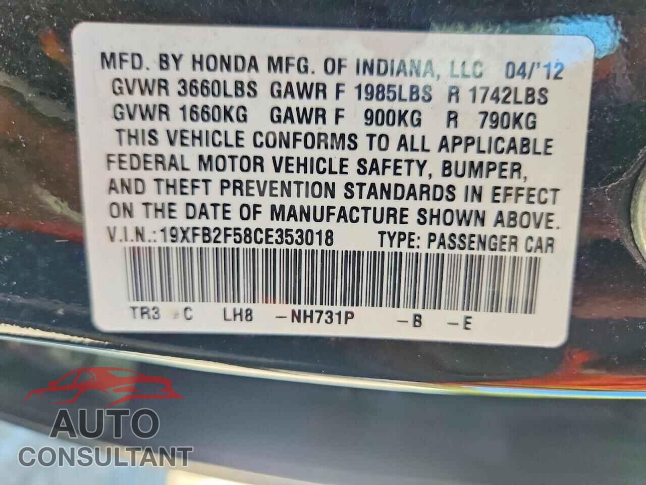HONDA CIVIC 2012 - 19XFB2F58CE353018