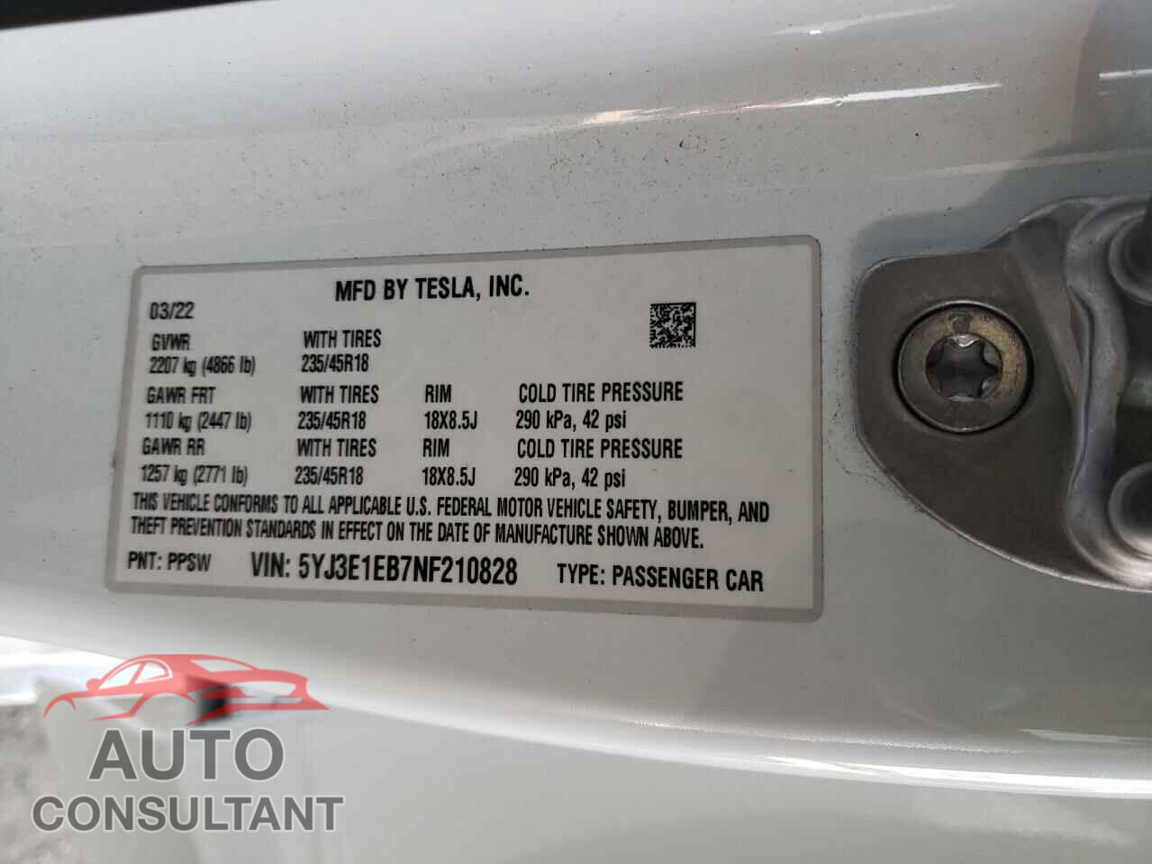 TESLA MODEL 3 2022 - 5YJ3E1EB7NF210828