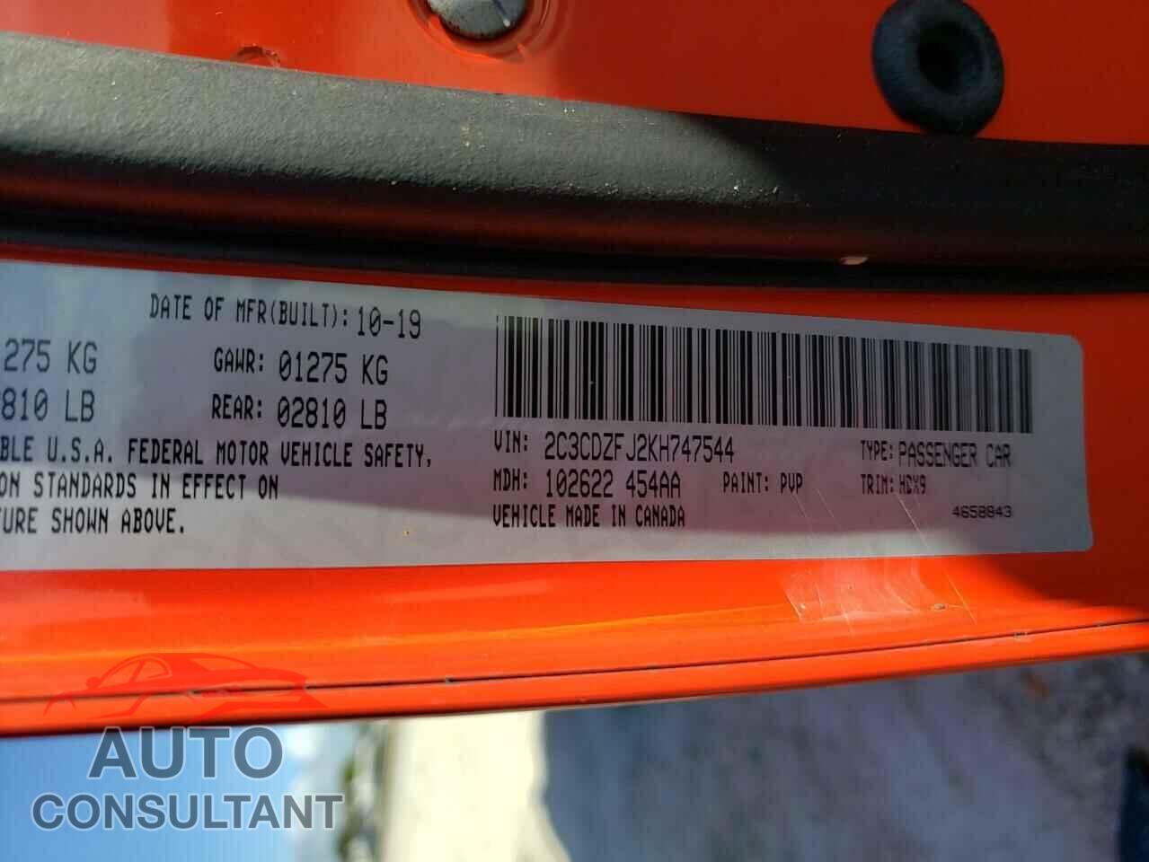 DODGE CHALLENGER 2019 - 2C3CDZFJ2KH747544