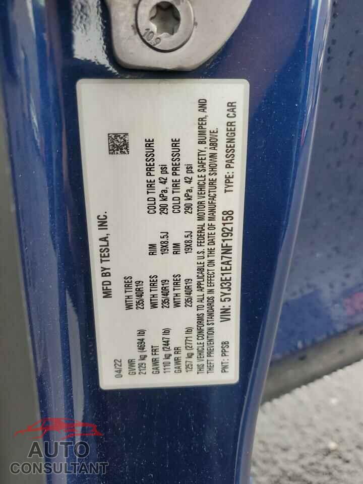 TESLA MODEL 3 2022 - 5YJ3E1EA7NF192158