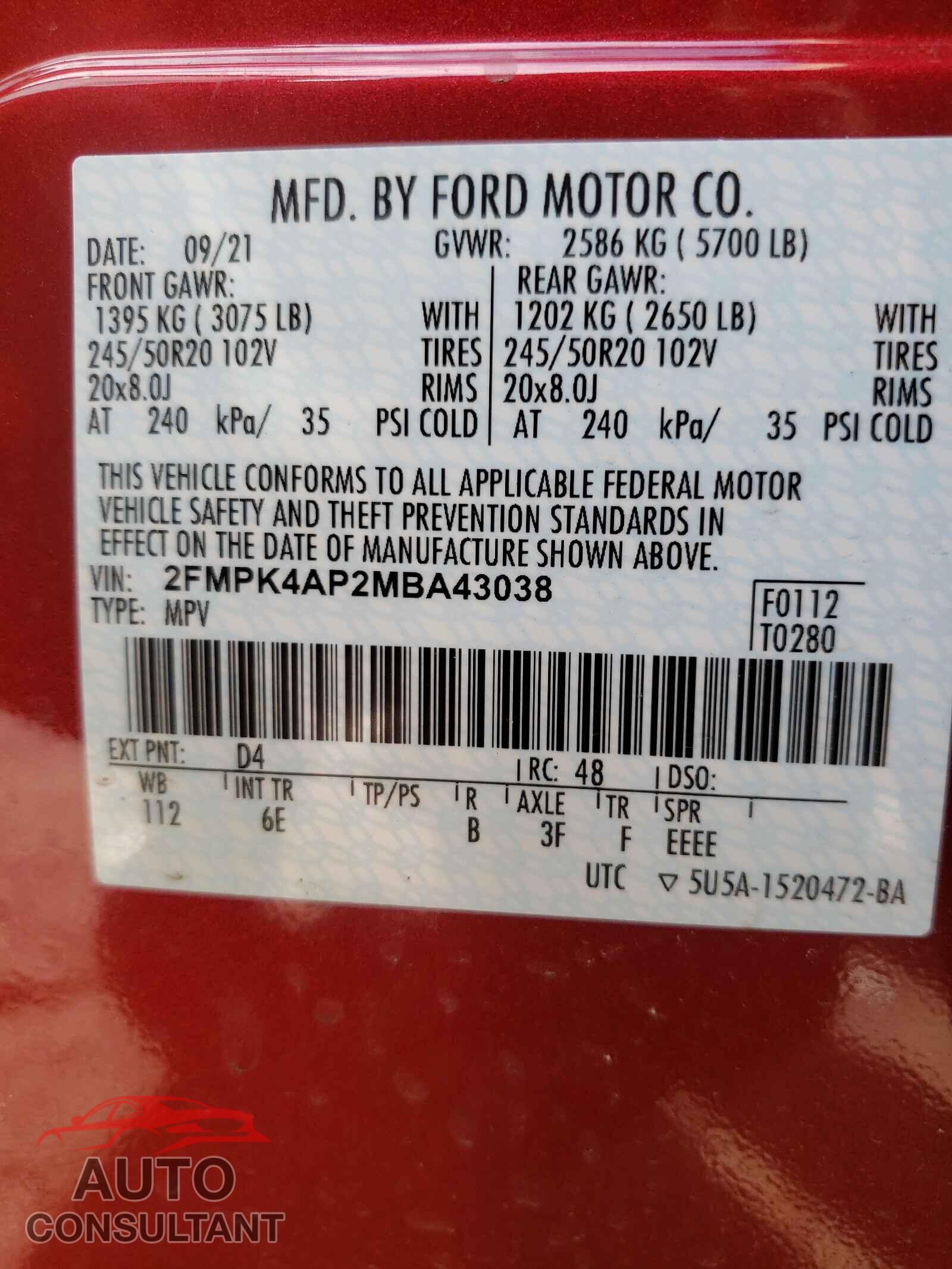 FORD EDGE 2021 - 2FMPK4AP2MBA43038