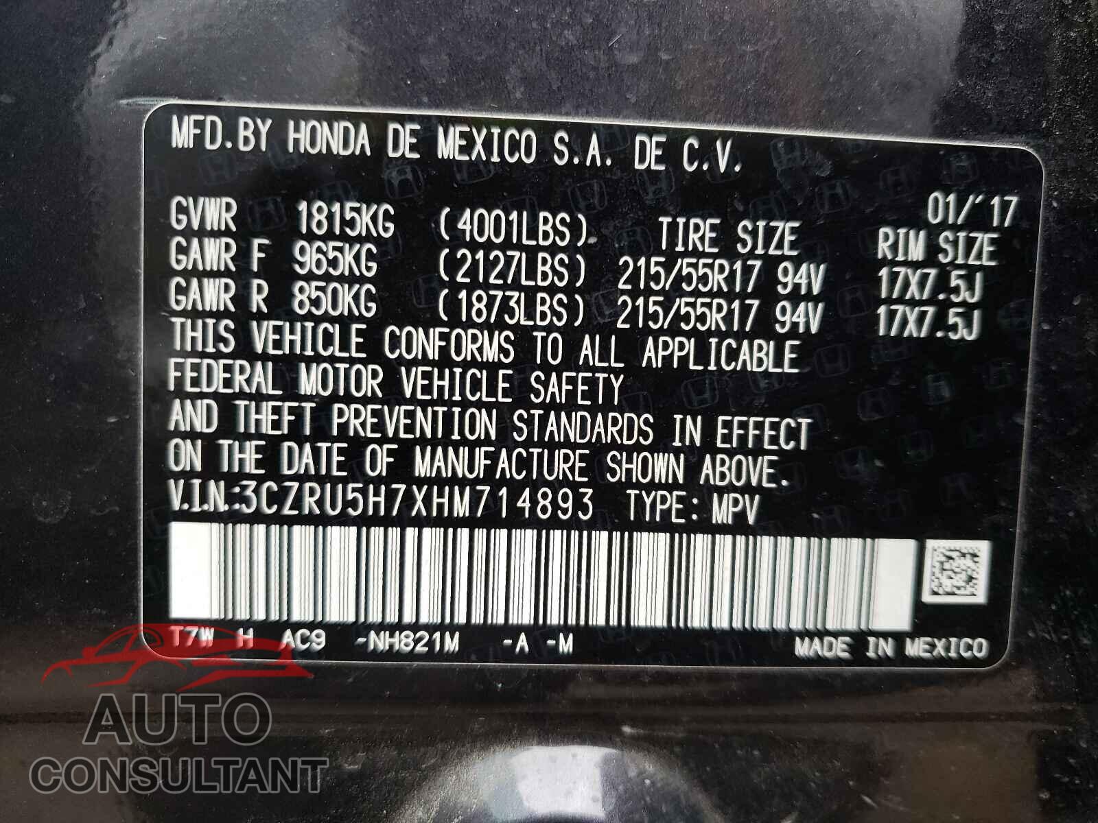HONDA HR-V 2017 - 3CZRU5H7XHM714893