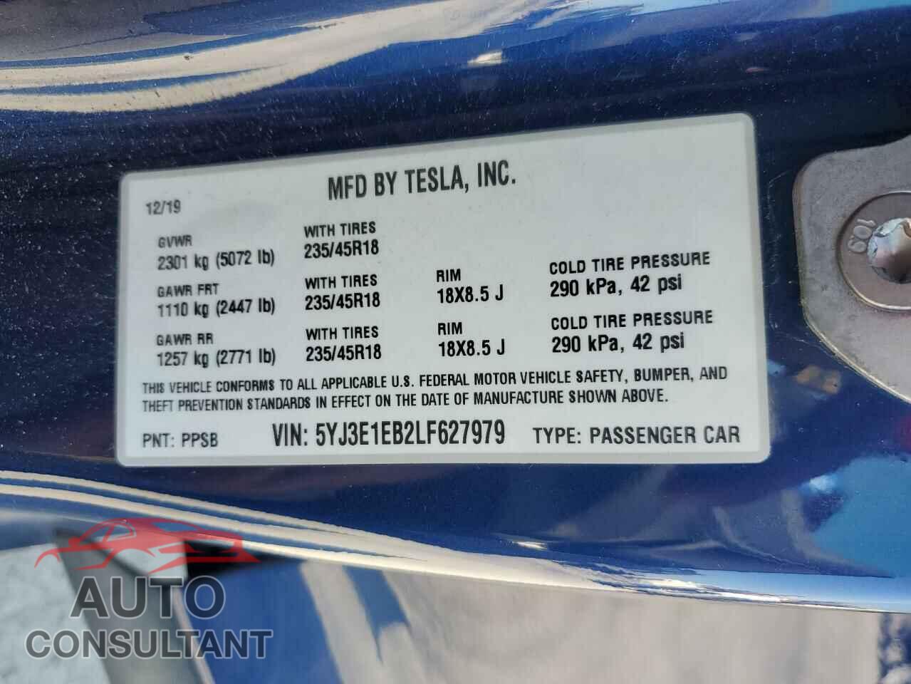 TESLA MODEL 3 2020 - 5YJ3E1EB2LF627979