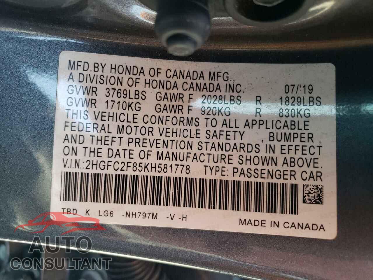 HONDA CIVIC 2019 - 2HGFC2F85KH581778