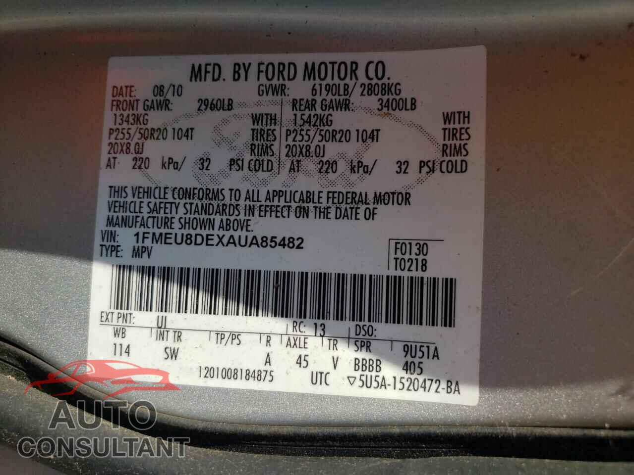 FORD EXPLORER 2010 - 1FMEU8DEXAUA85482