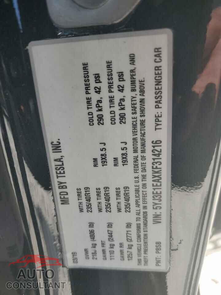 TESLA MODEL 3 2019 - 5YJ3E1EAXKF314216