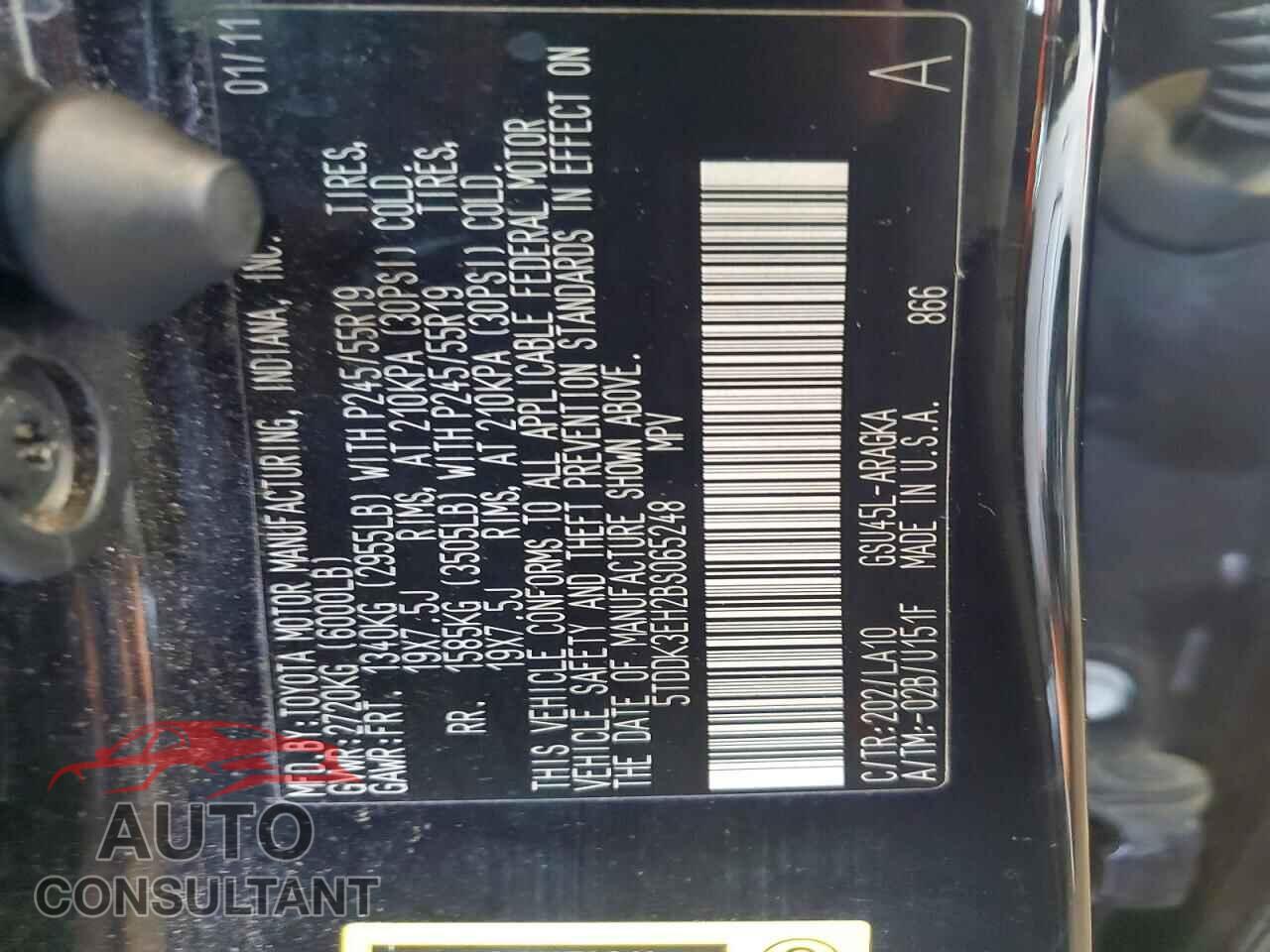 TOYOTA HIGHLANDER 2011 - 5TDDK3EH2BS065248