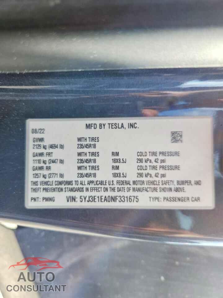 TESLA MODEL 3 2022 - 5YJ3E1EA0NF331675