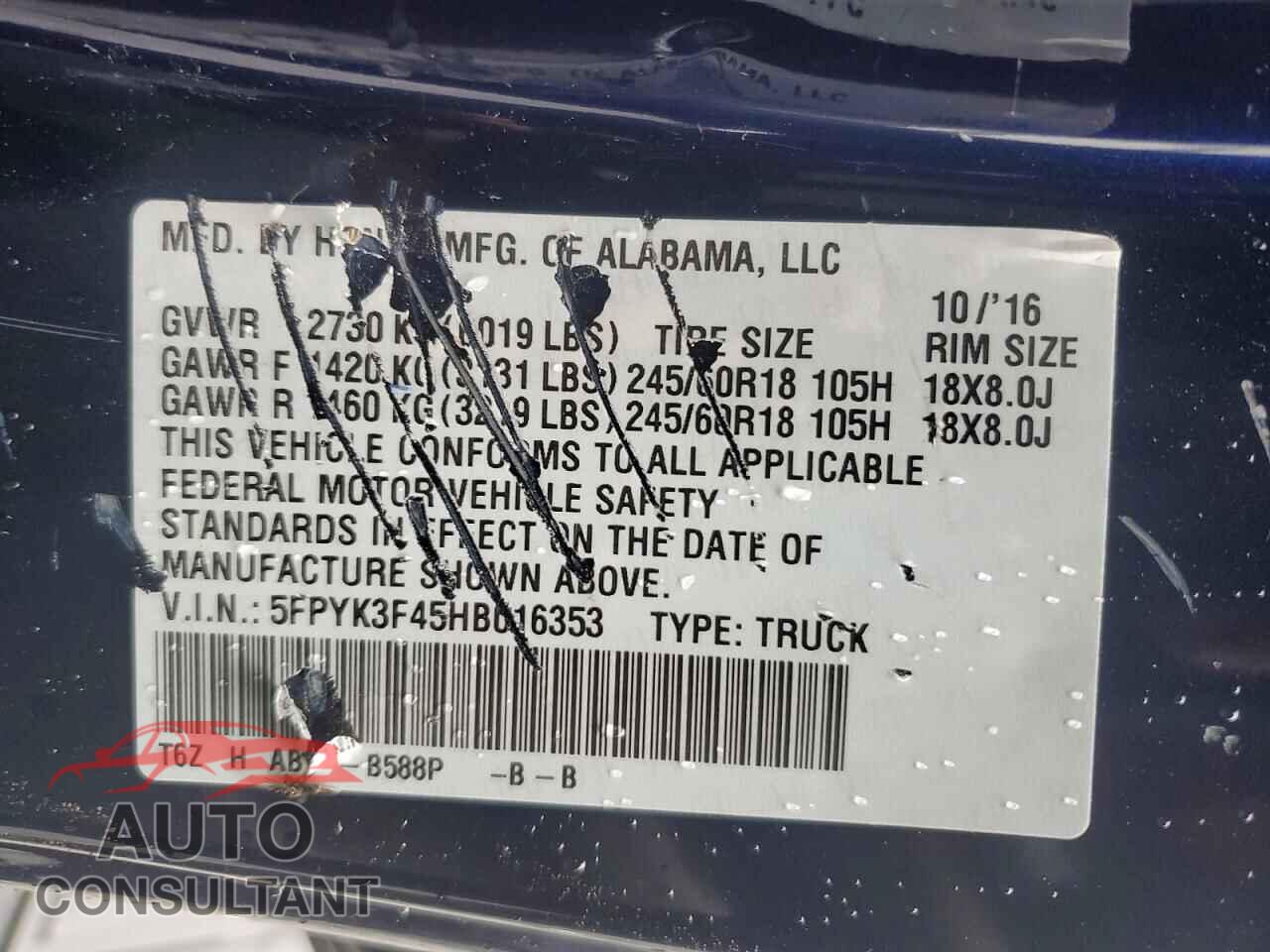 HONDA RIDGELINE 2017 - 5FPYK3F45HB016353