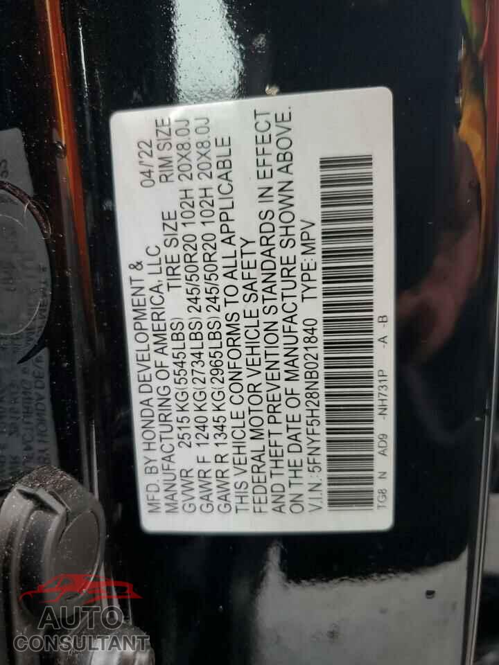 HONDA PILOT 2022 - 5FNYF5H28NB021840