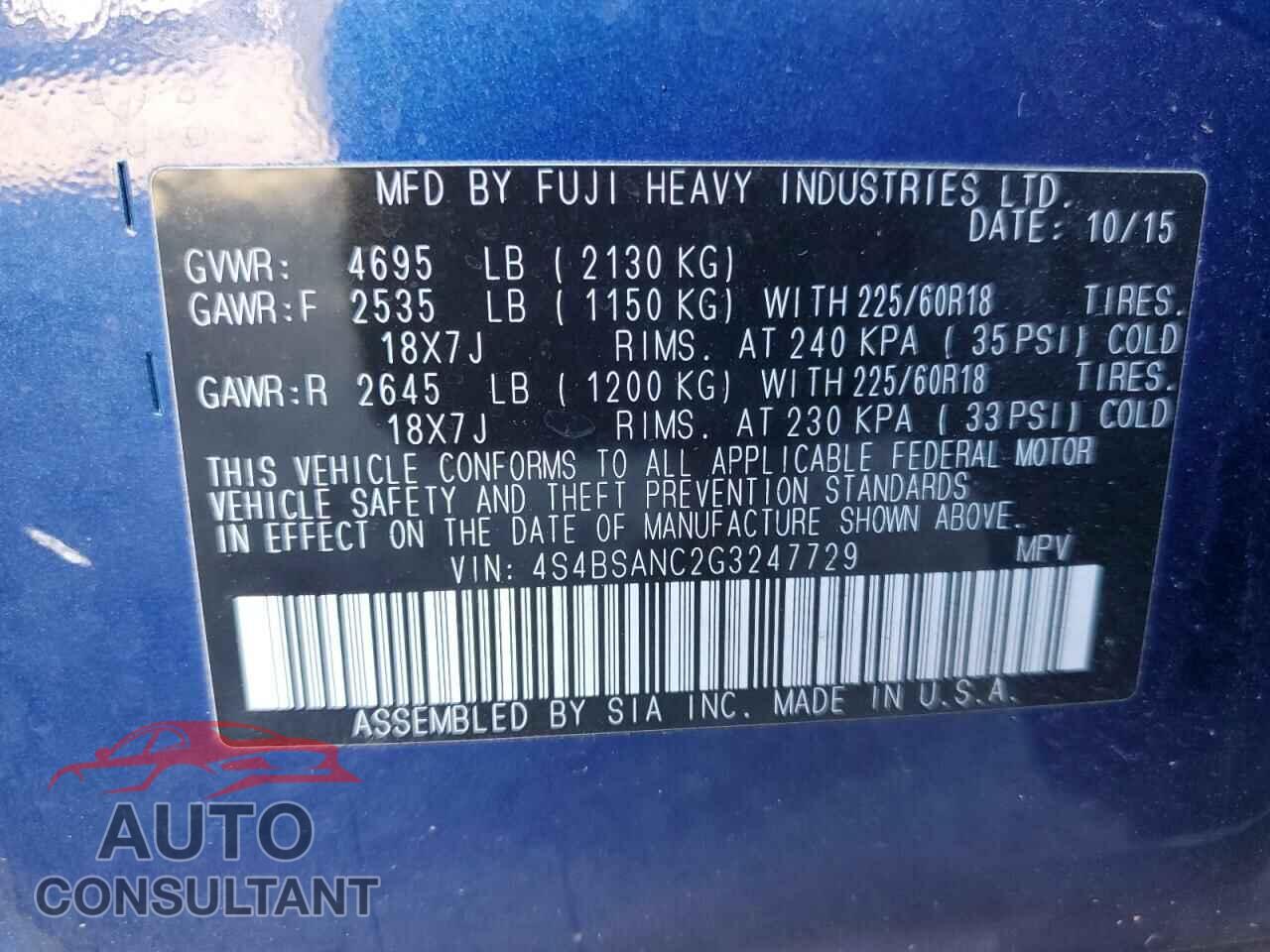 SUBARU OUTBACK 2016 - 4S4BSANC2G3247729