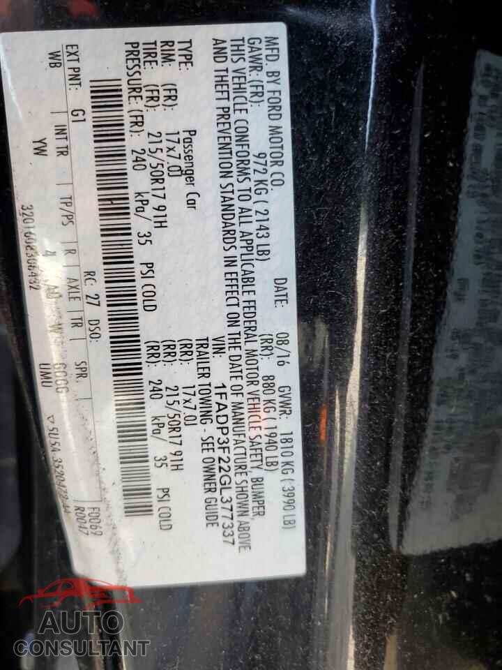 FORD FOCUS 2016 - 1FADP3F22GL377337