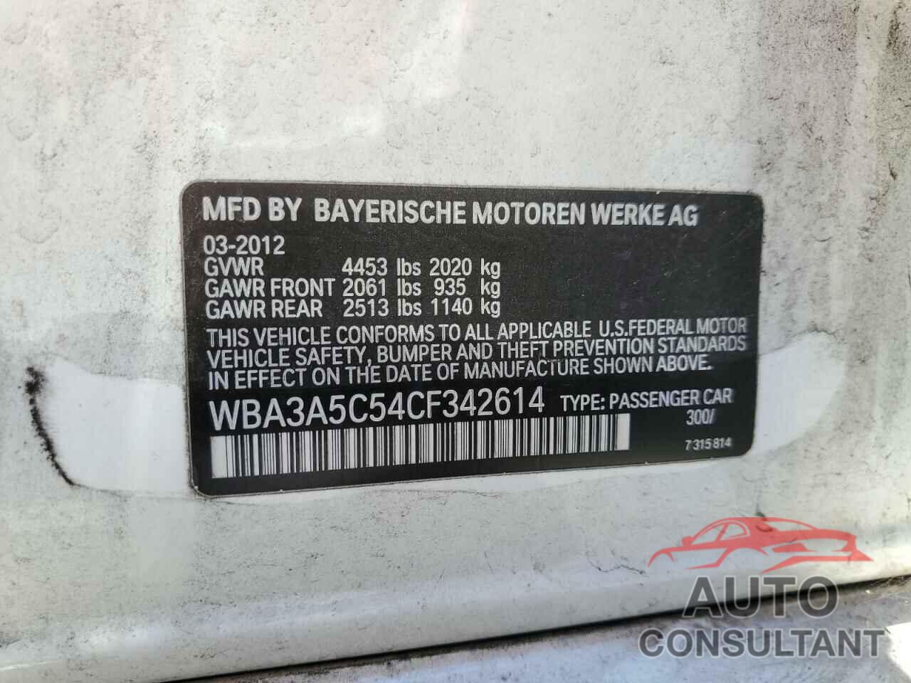 BMW 3 SERIES 2012 - WBA3A5C54CF342614