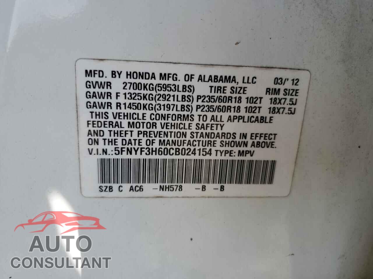 HONDA PILOT 2012 - 5FNYF3H60CB024154