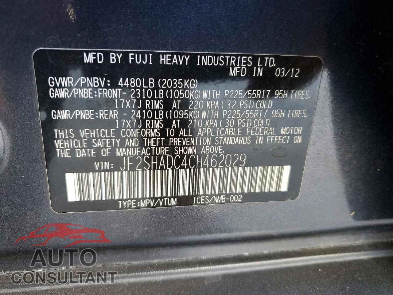 SUBARU FORESTER 2012 - JF2SHADC4CH462029