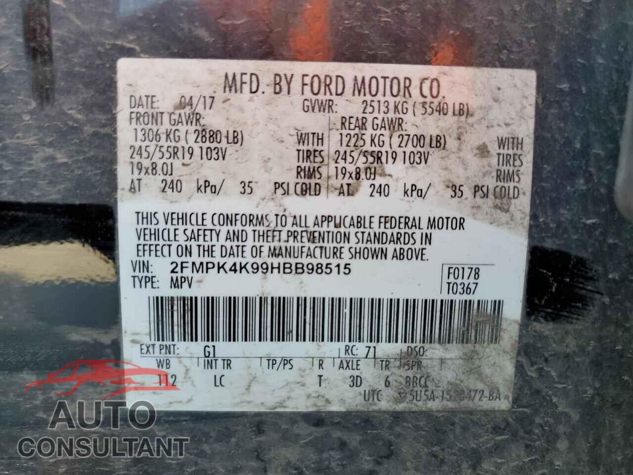 FORD EDGE 2017 - 2FMPK4K99HBB98515