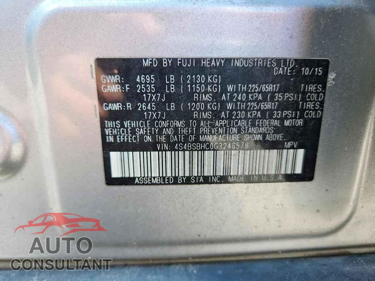 SUBARU OUTBACK 2016 - 4S4BSBHC0G3246578