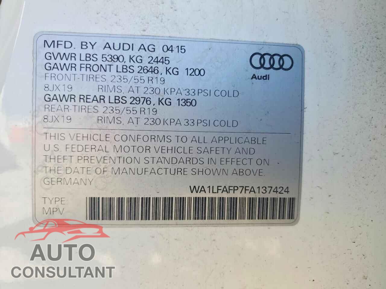 AUDI Q5 2015 - WA1LFAFP7FA137424