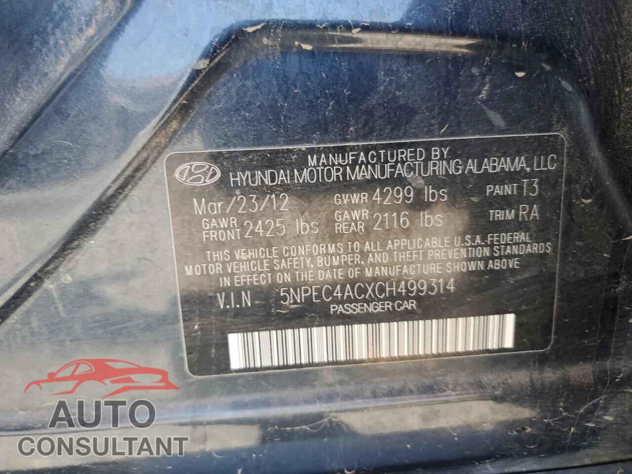 HYUNDAI SONATA 2012 - 5NPEC4ACXCH499314