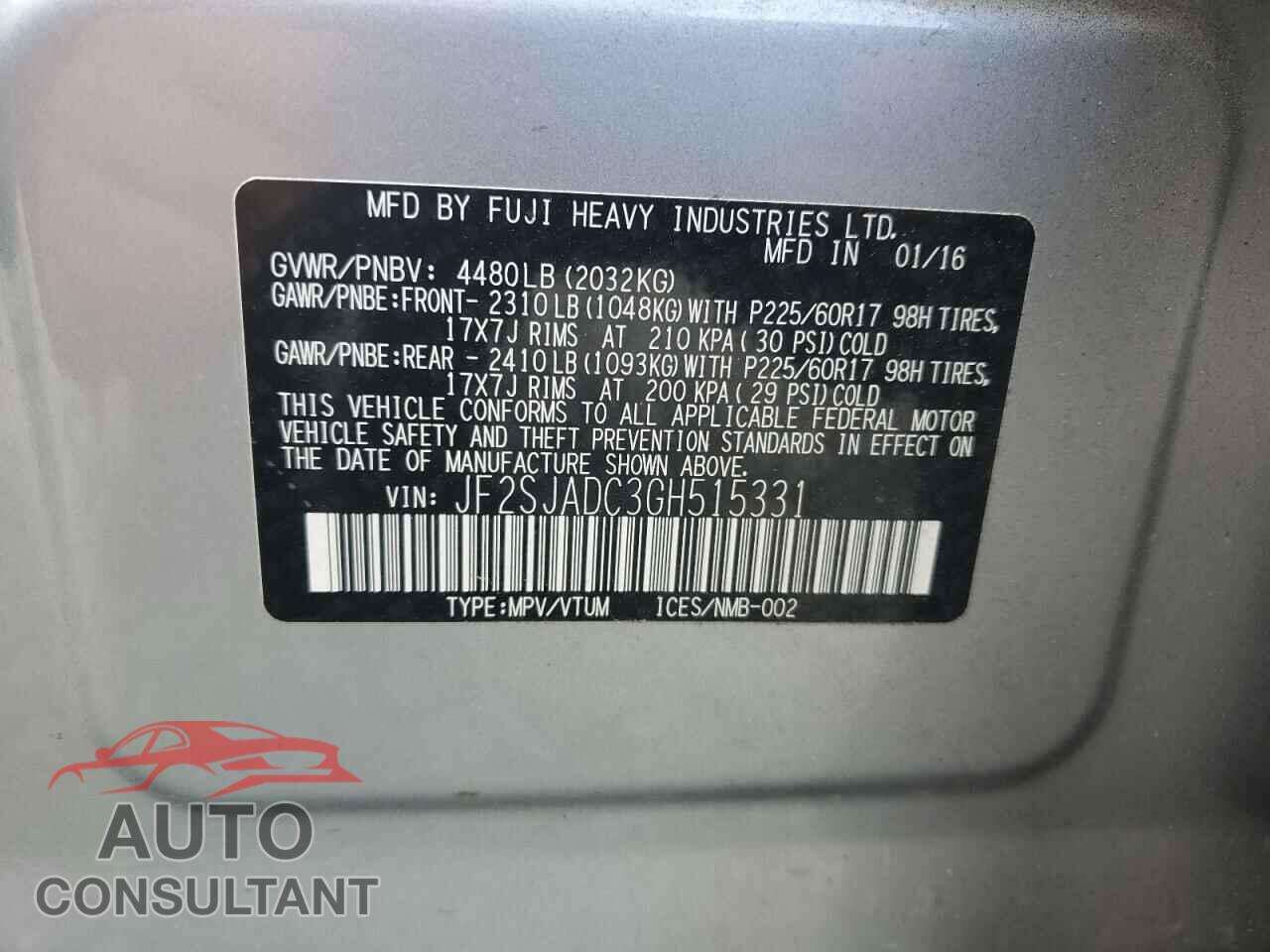 SUBARU FORESTER 2016 - JF2SJADC3GH515331