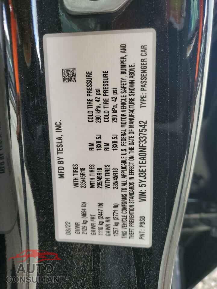 TESLA MODEL 3 2022 - 5YJ3E1EA0NF337542