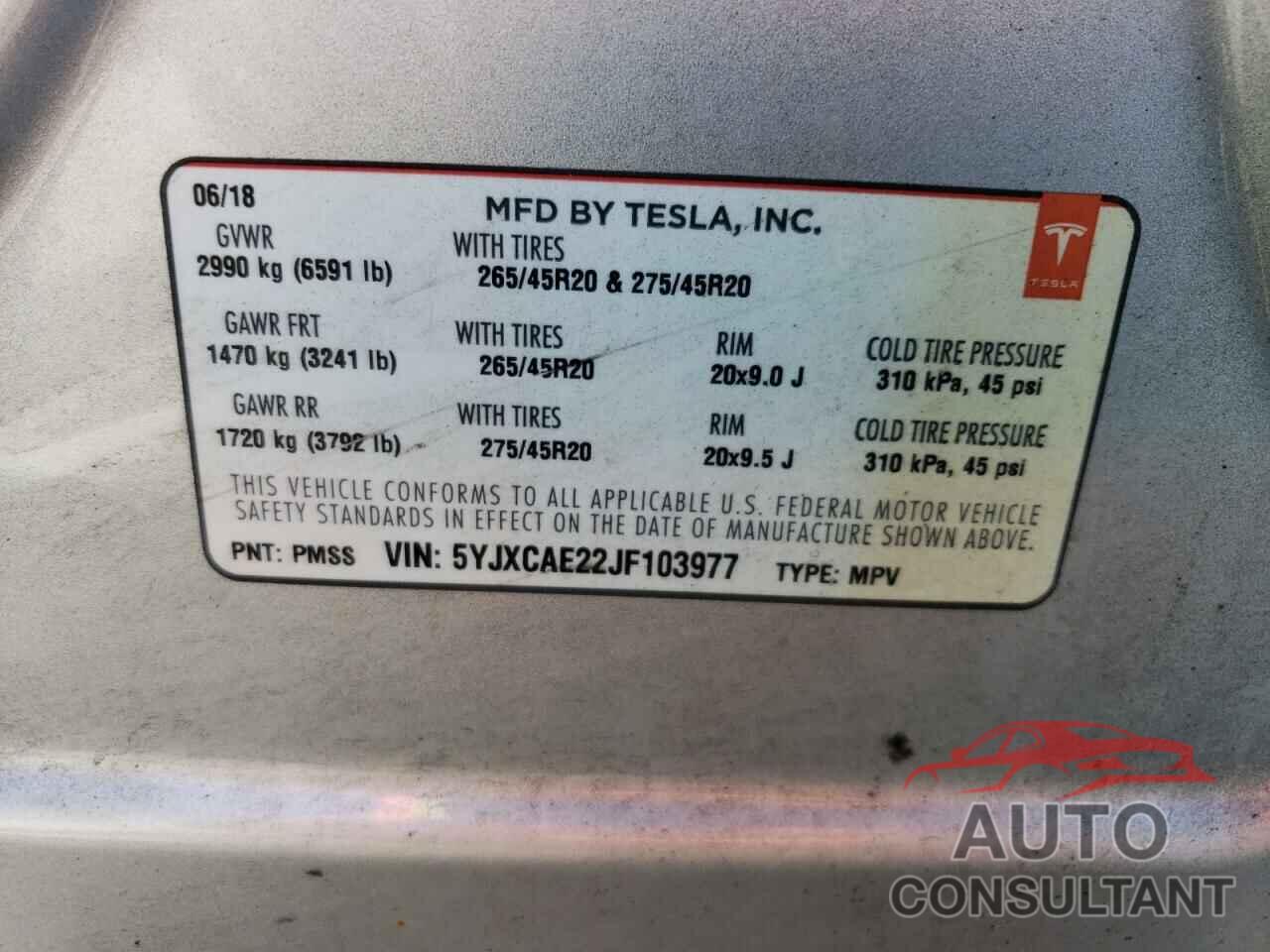 TESLA MODEL X 2018 - 5YJXCAE22JF103977