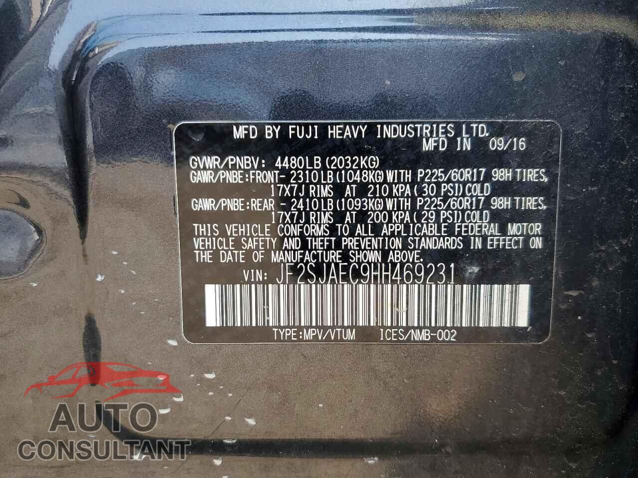 SUBARU FORESTER 2017 - JF2SJAEC9HH469231
