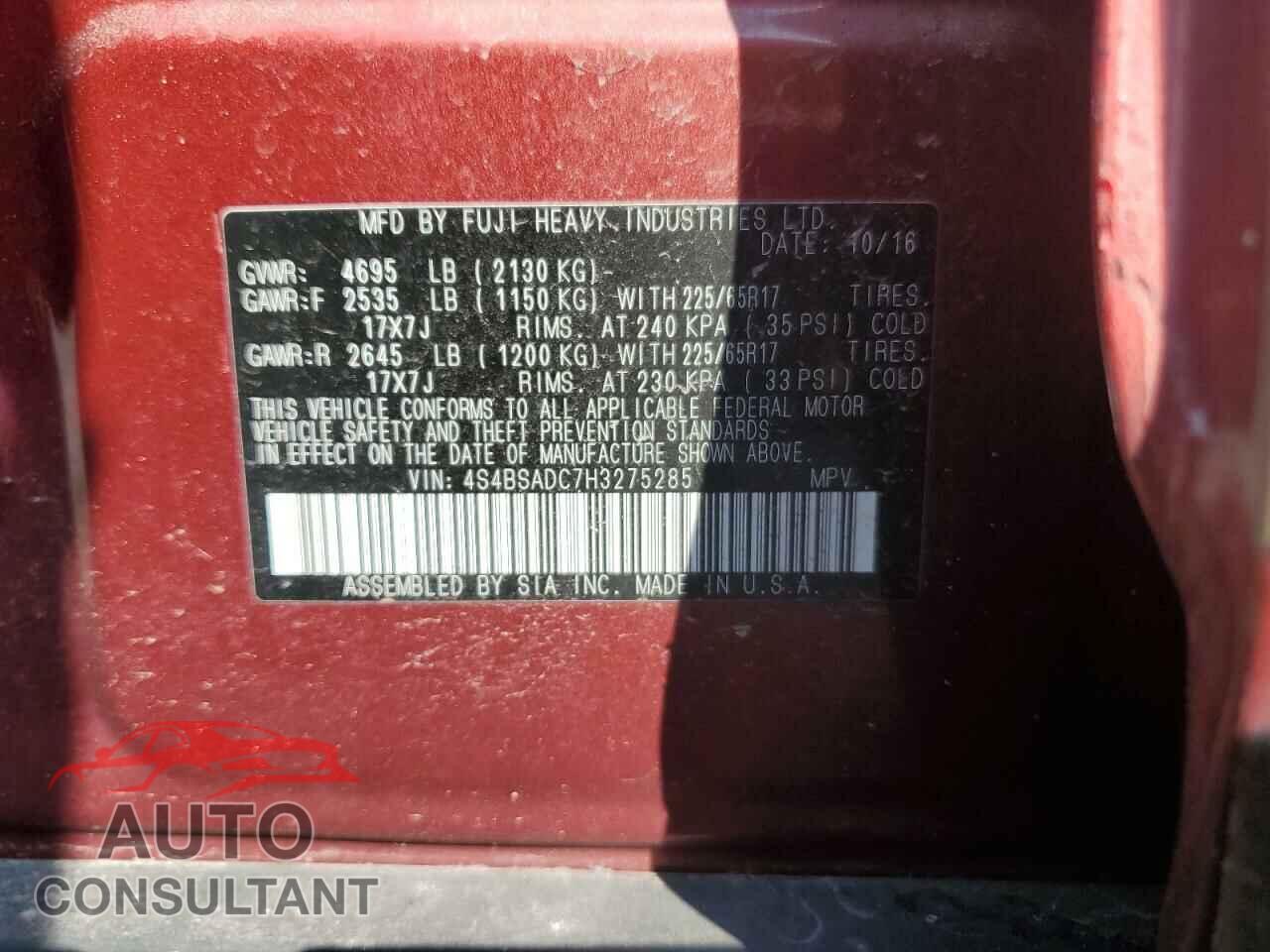 SUBARU OUTBACK 2017 - 4S4BSADC7H3275285