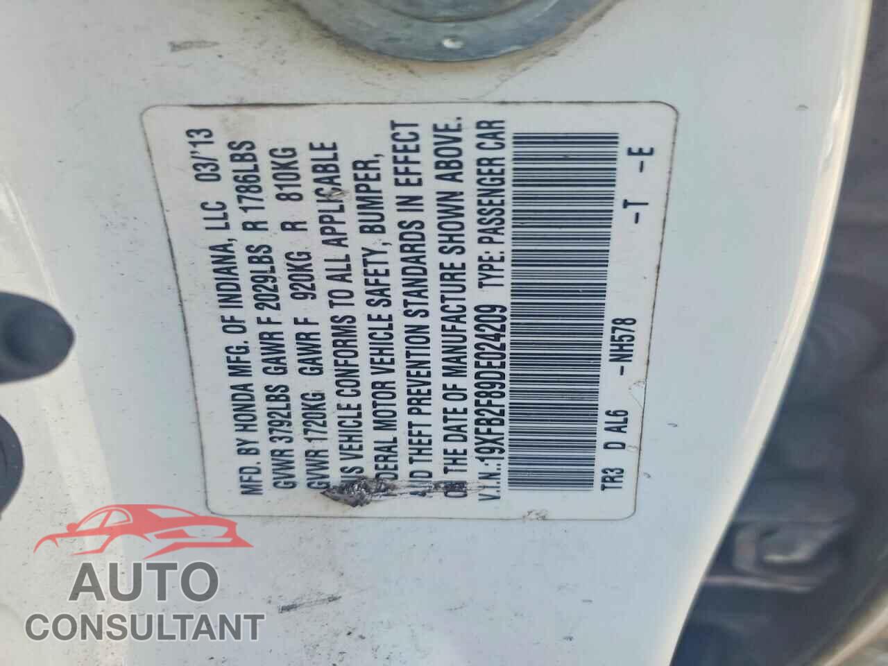 HONDA CIVIC 2013 - 19XFB2F89DE024209