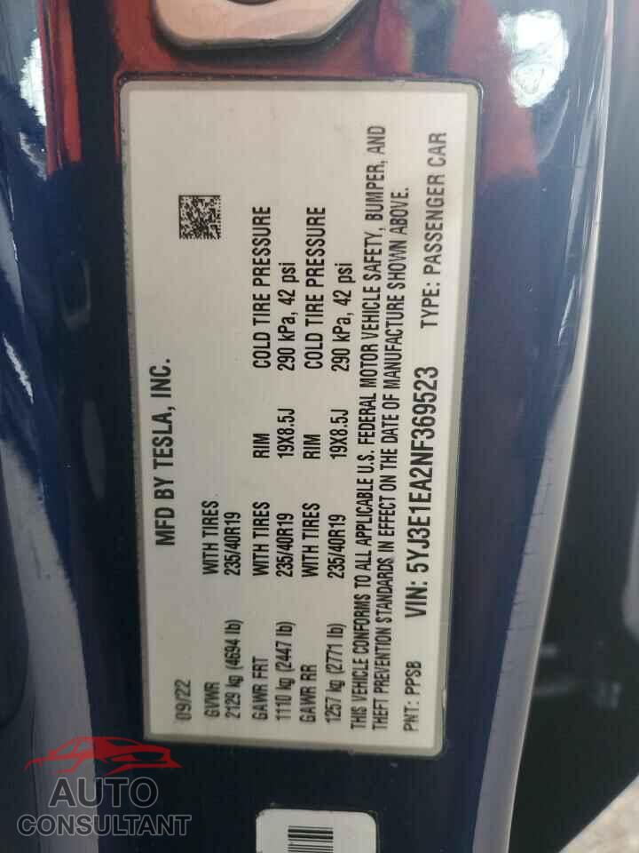 TESLA MODEL 3 2022 - 5YJ3E1EA2NF369523