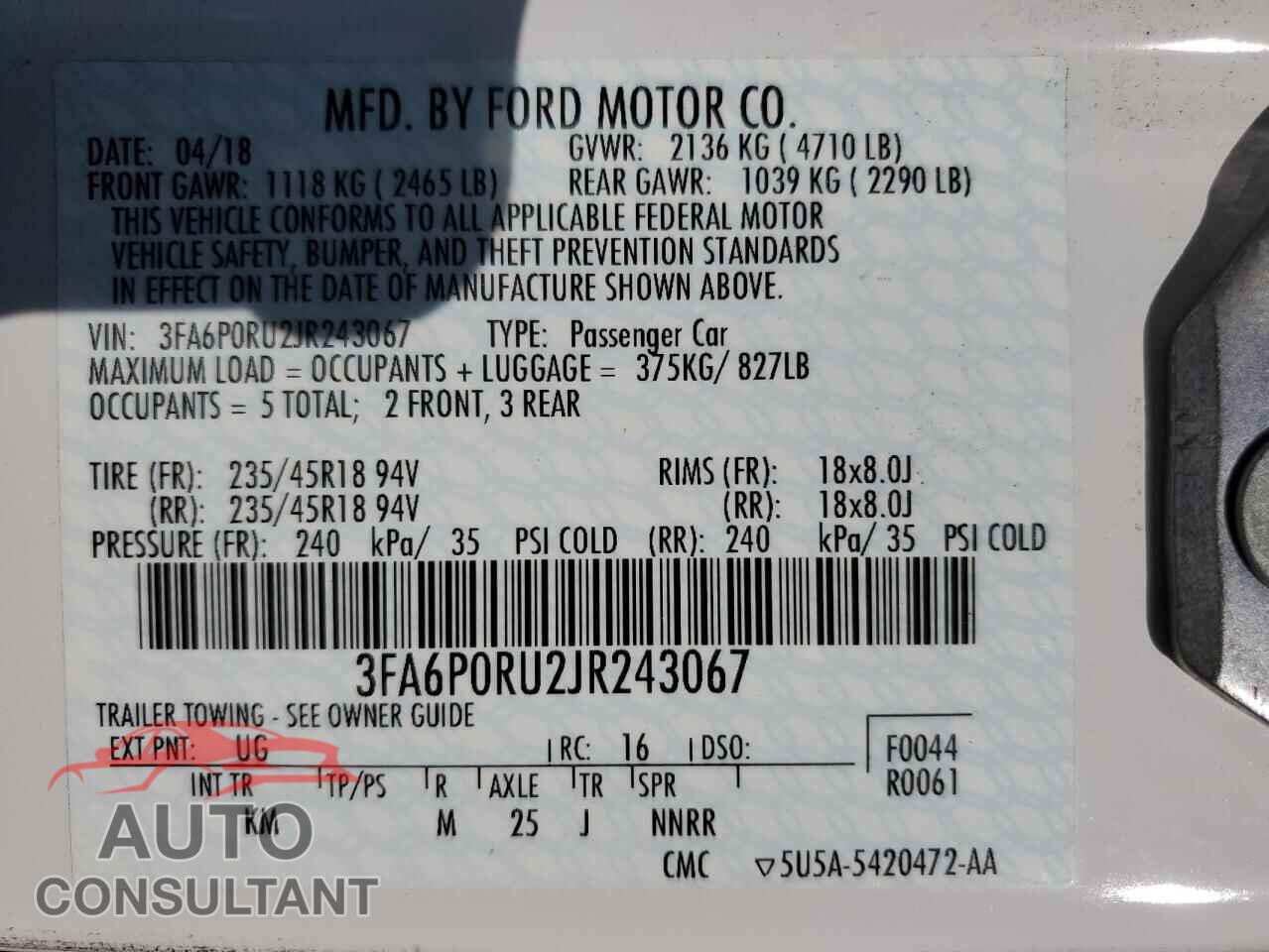 FORD FUSION 2018 - 3FA6P0RU2JR243067