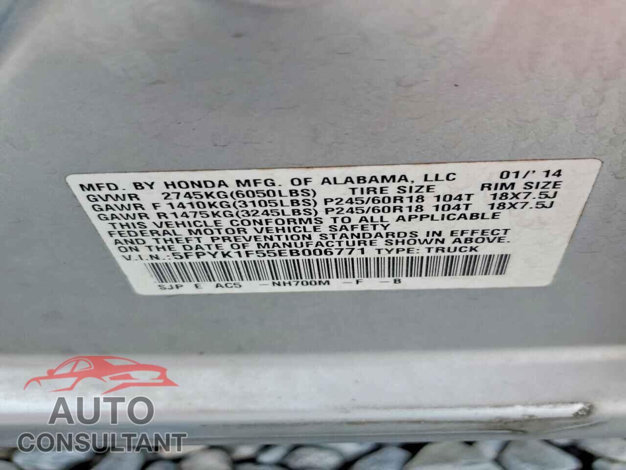 HONDA RIDGELINE 2014 - 5FPYK1F55EB006771
