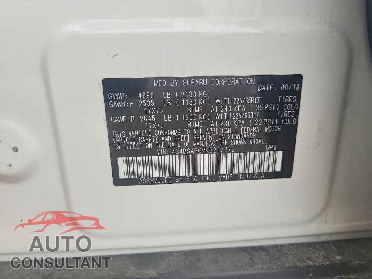SUBARU OUTBACK 2019 - 4S4BSABC2K3217272