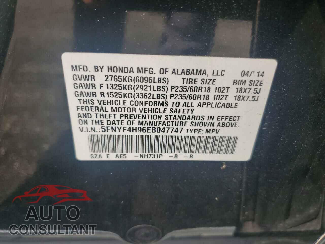 HONDA PILOT 2014 - 5FNYF4H96EB047747